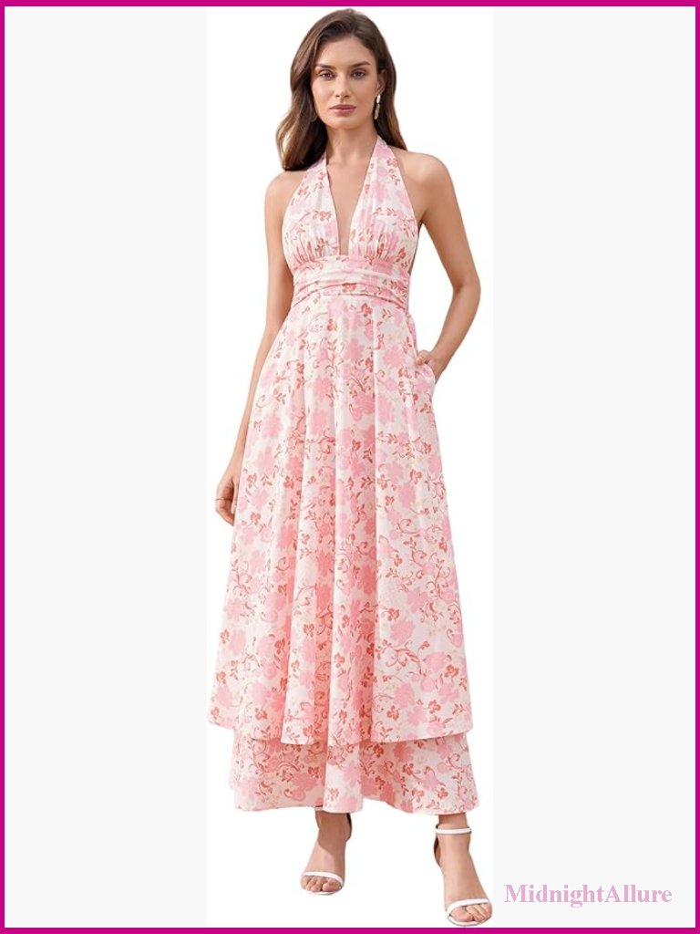 Floral Boho Maxi Dress Halter Tie Flowy A-Line Beach Wedding Guest Sundress